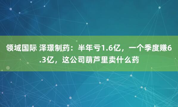 领域国际 泽璟制药：半年亏1.6亿，一个季度赚6.3亿，这公司葫芦里卖什么药